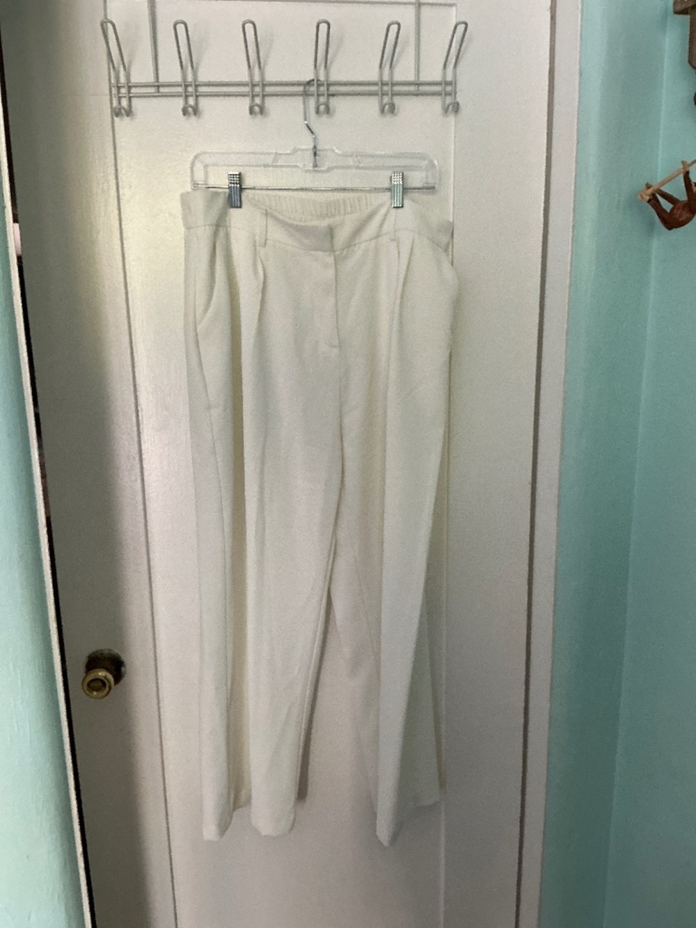 Women’s XL White Wide-Leg Pants | Elastic Back Waist | Front Zip & Clasp Closure